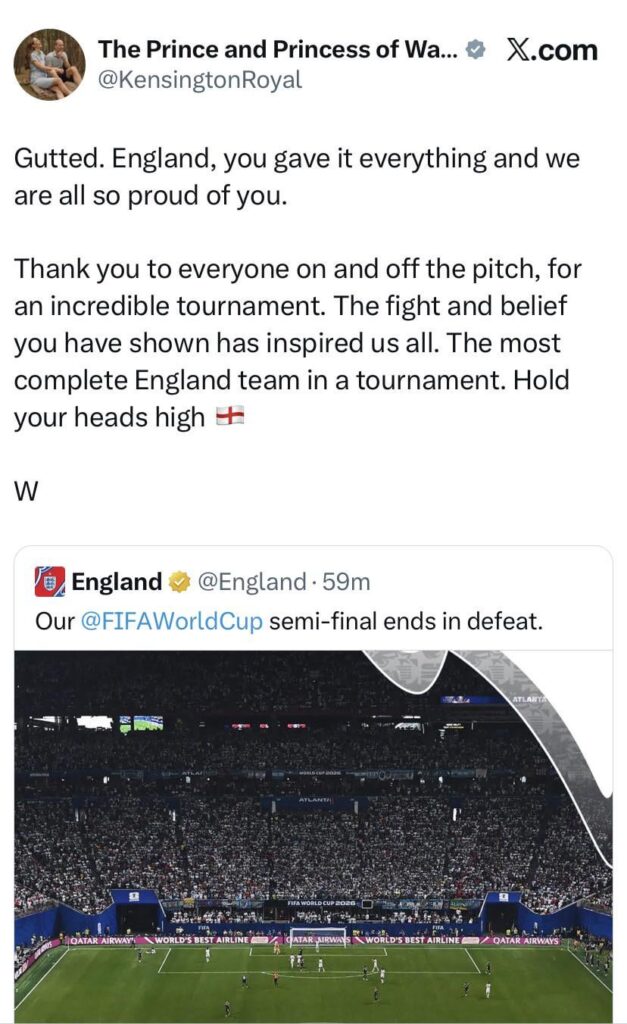 Prince William reacted to England’s World Cup Semi-Finals loss to Argentina