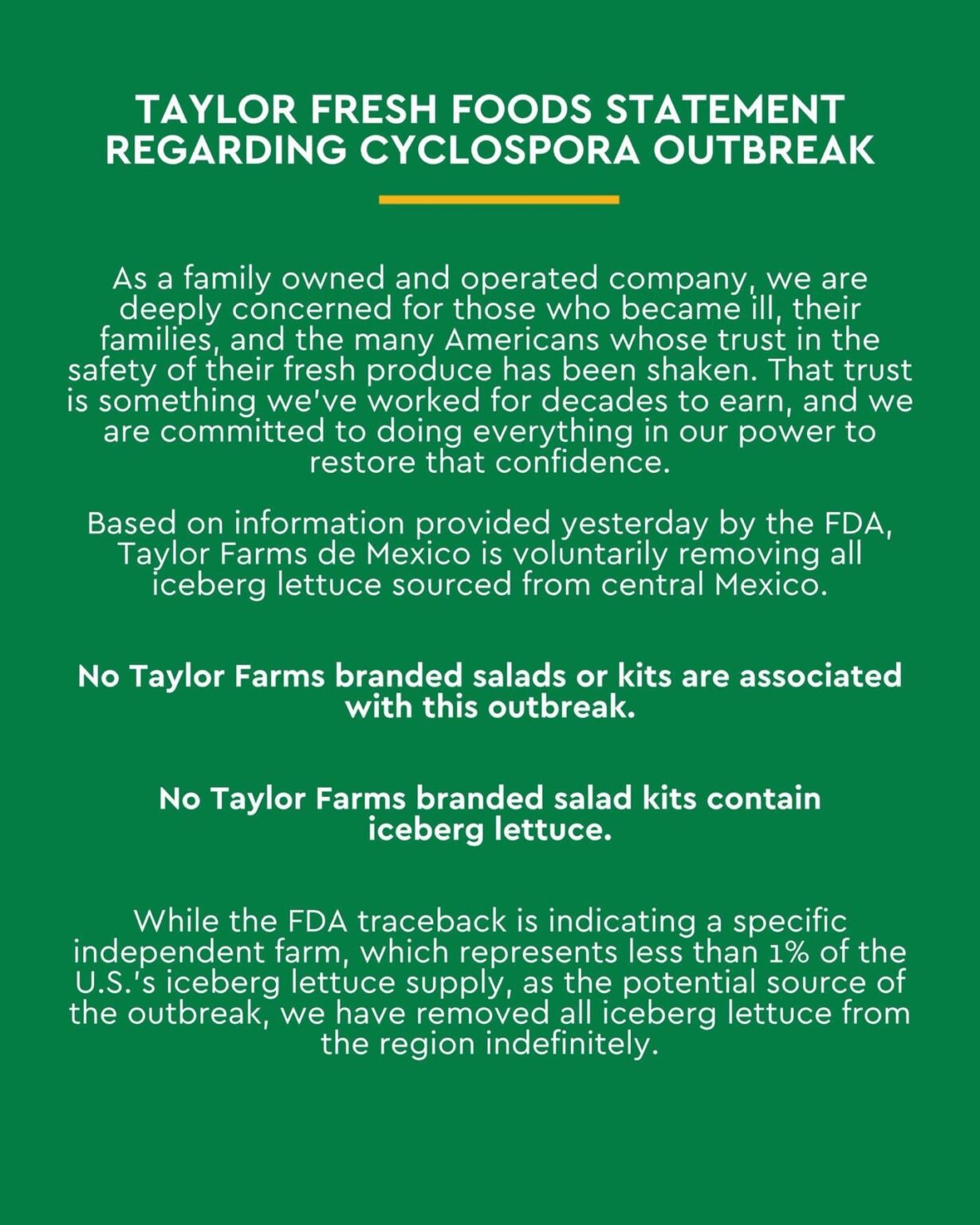 Taylor Farms releases statement claiming their salads and salad kits are not associated with this cyclospora outbreak
