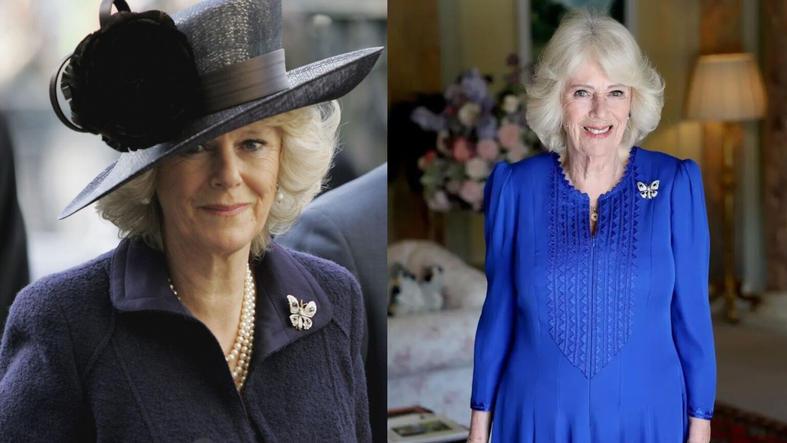 Buckingham Palace Solves Queen Camilla’s Brooch Mystery A split image of Queen Camilla wearing the same butterfly brooch on a navy coat and a blue dress