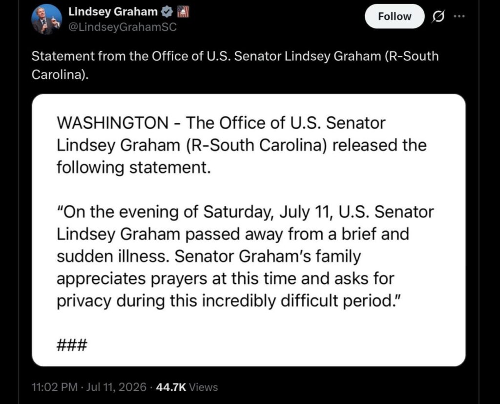 U.S. Senator Lindsey Graham (R-South Carolina) has died at the age of 71.