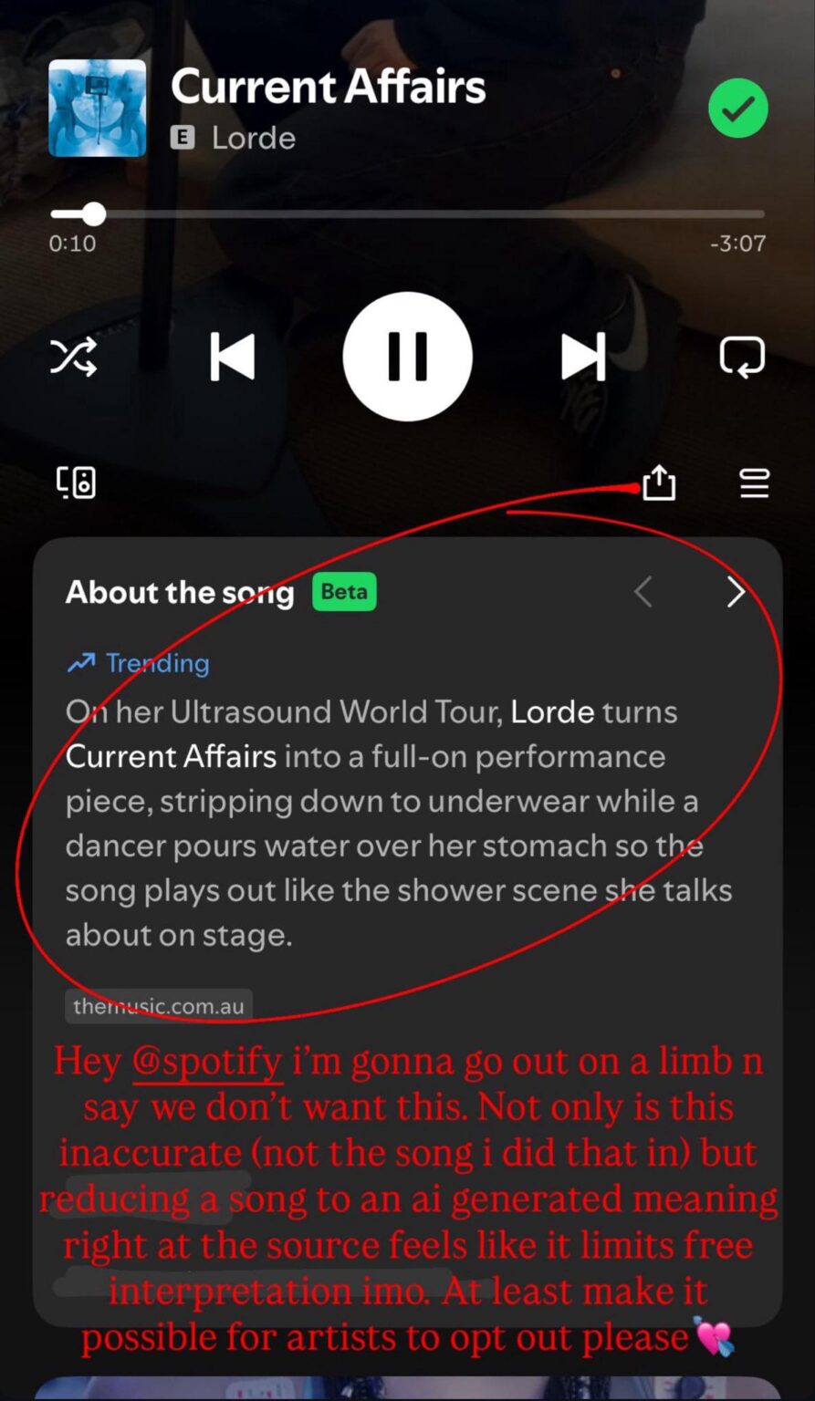 Lorde calls out Spotify’s AI song descriptions: “Not only is this inaccurate (not the song i did that in) but reducing a song to an ai generated meaning right at the source feels like it limits free interpretation imo. At least make it possible for artists to opt out please💘” Lorde calls out Spotify’s AI song descriptions: “Not only is this inaccurate (not the song i did that in) but reducing a song to an ai generated meaning right at the source feels like it limits free interpretation imo. At least make it possible for artists to opt out please💘”