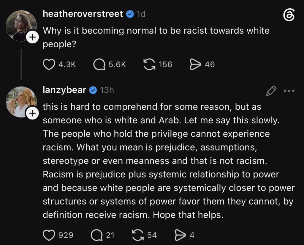 Alana Hadid’s response to the question ‘Why is it becoming normal to be racist towards white people?’: “This is hard to comprehend for some reason, but as someone who is white and Arab. Let me say this slowly. The people who hold the privilege cannot experience racism.” Alana Hadid’s response to the question ‘Why is it becoming normal to be racist towards white people?’: “This is hard to comprehend for some reason, but as someone who is white and Arab. Let me say this slowly. The people who hold the privilege cannot experience racism.”
