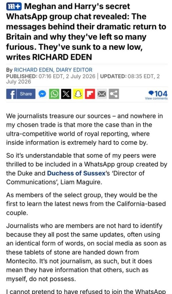 Article about the WhatsApp group Harry and Meghan use to inform to the press, and recent messages Article about the WhatsApp group Harry and Meghan use to inform to the press, and recent messages