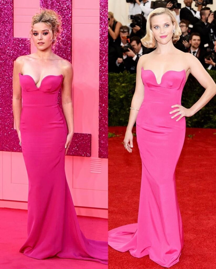 The new Elle Woods actress, Lexi Minetree, rewore Reese Witherspoon's dress from the 2014 Met Gala while attending the "Elle" London premiere today.