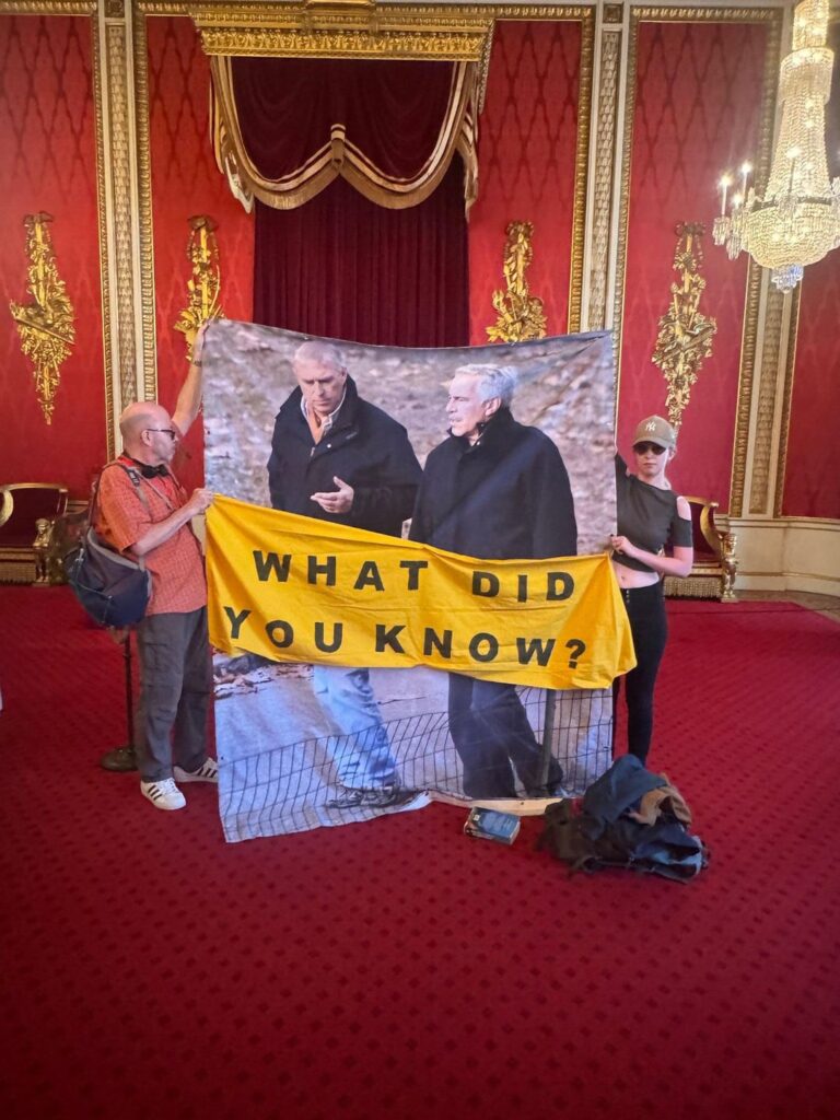 There was a protest inside the Buckingham Palace Throne Room, calling for the royals to answer questions about former Prince Andrew and his connection to Jeffrey Epstein. Charles and William - what did you know?