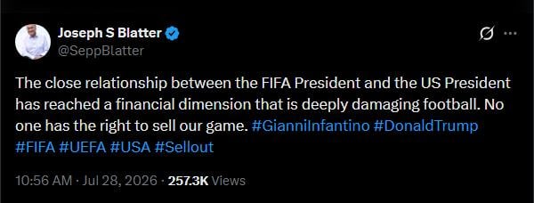 Former FIFA President Sepp Blatter Accuses Gianni Infantino of Damaging Football Through Ties with Trump Amid Infantino's Plans to Sell Stakes in the World Cup to Private Investors