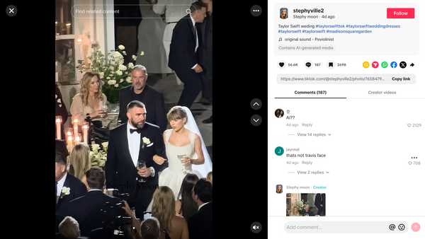 This image shows a TikTok post by user @stephyville2 of Taylor Swift and Travis Kelce purportedly walking together with the caption 