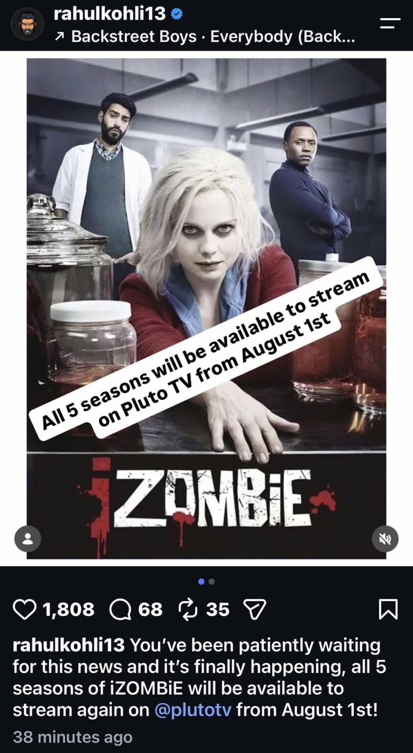 Rahul Kohli announced that iZombie will be on Pluto TV in the YS starting August 1st!
