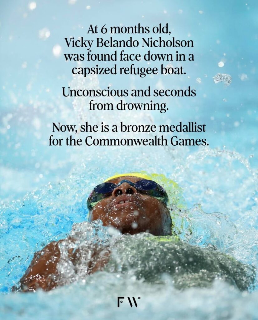 At 6 months old, Vicky Belando Nicholson was found face down in a capsized refugee boat. Unconscious and seconds from drowning. Now, she is a bronze medallist for the Commonwealth Games.