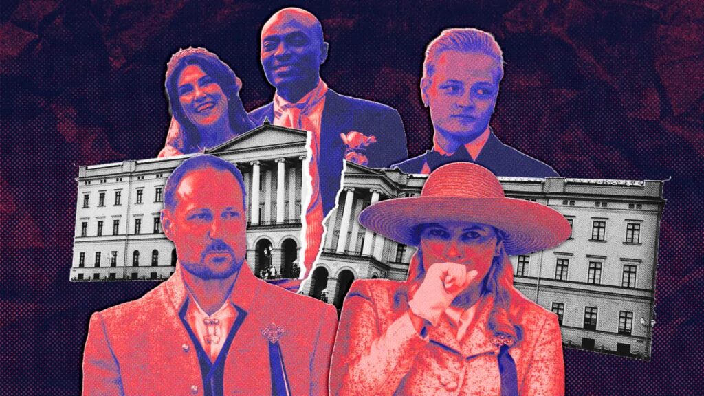How Norway’s seemingly low-drama royals became engulfed in turmoil A man stands next to a woman wearing a large hat who is coughing. In the background, a palace is split in two, with cut outs of of a woman and two men in suits behind it.