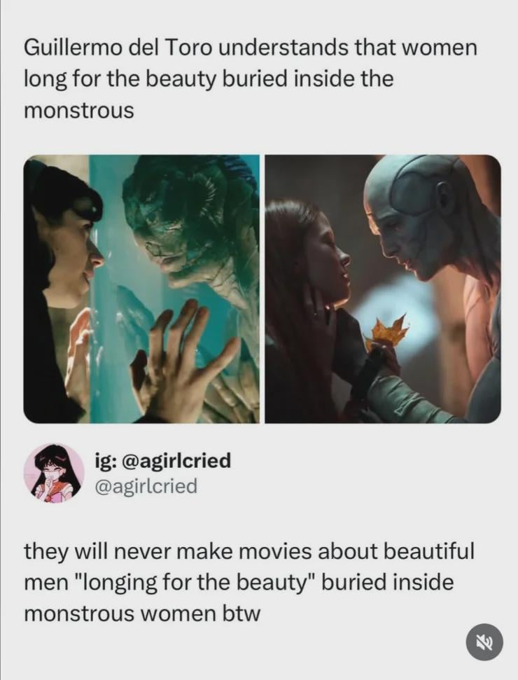 Are there any movies or TV shows about beautiful men falling in love with monstrous women?