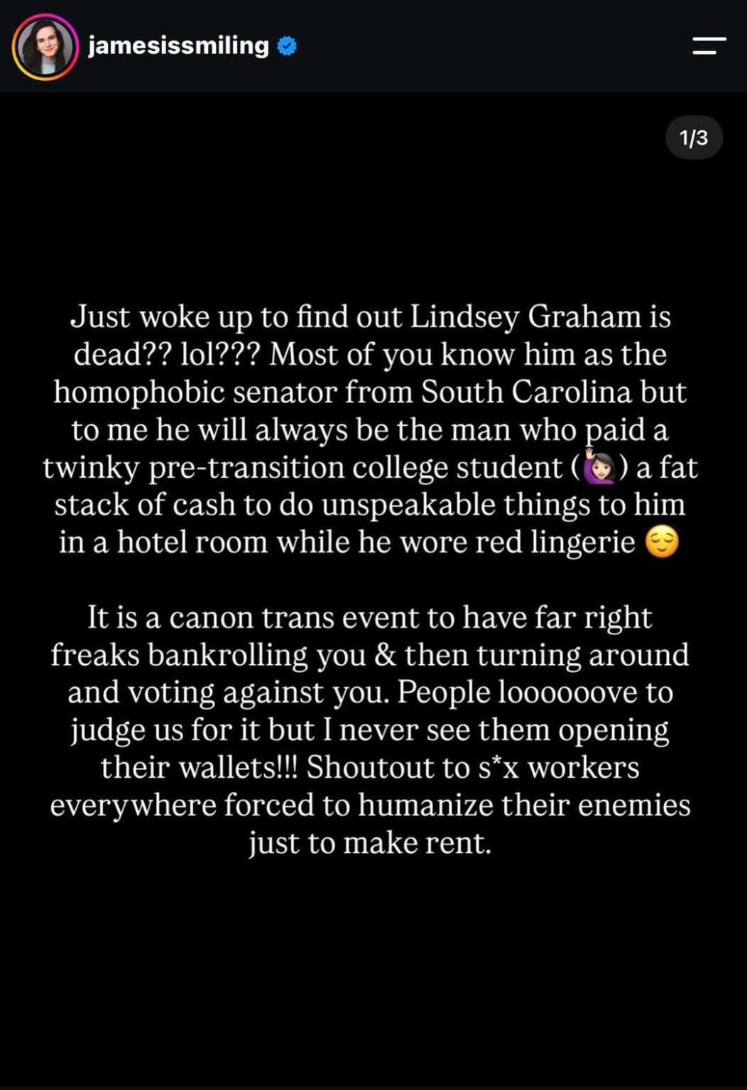 Trans actress and author Jesse James Rose shares her personal story with homophobic senator Lindsey Graham in her eulogy