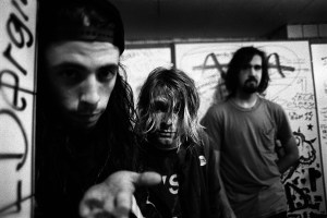 FRANKFURT, GERMANY - NOVEMBER 12: Nirvana posed in Frankfurt on November 12 1991. (Left to right) Dave Grohl (drums), Kurt Cobain (vocals/guitar) and Krist Novoselic (bass). (Photo by Paul Bergen/Redferns)