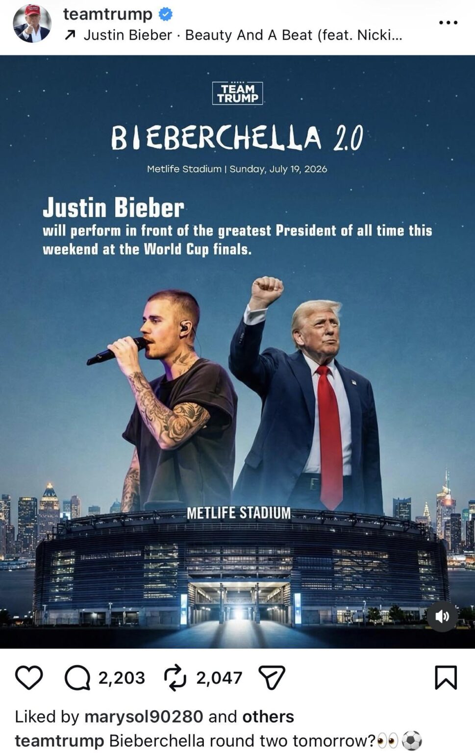 Team Trump promoting Justin Bieber’s World Cup performance