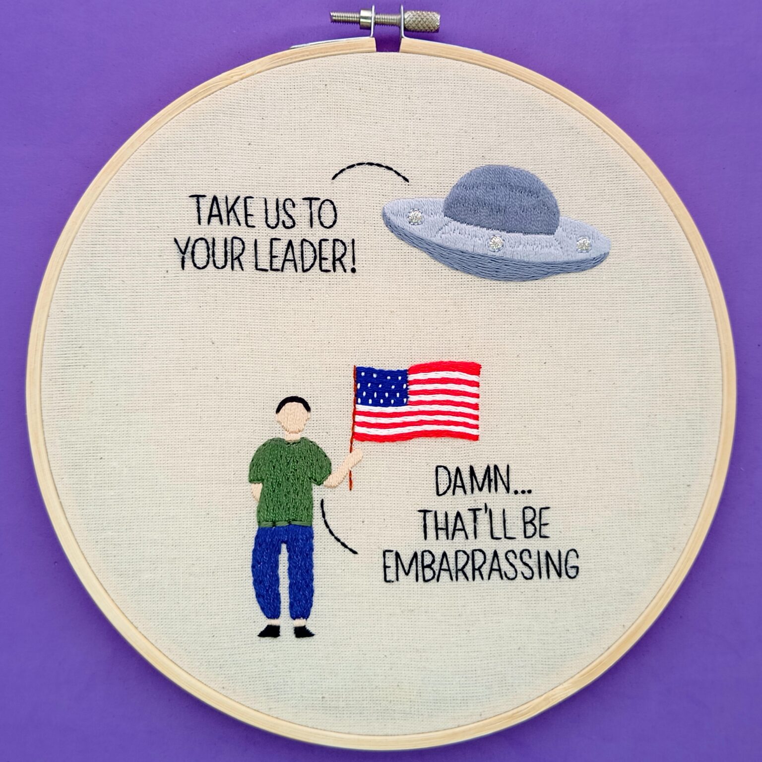 I hand-stitched this piece inspired by the movie Independence Day. Happy 4th of July, by the way!
