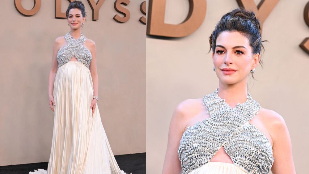 Anne Hathaway Glows in Custom Prada for ‘The Odyssey’ NYC Premiere Anne Hathaway, Prada, custom, gown, 'The Odyssey,' New York, premiere, maternity