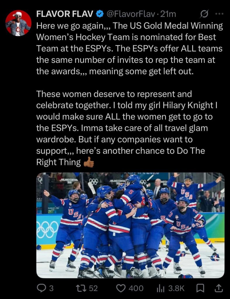 Flavor Flav backing the US women’s gold medal winning hockey team after finding out they ESPYs aren’t inviting the whole team