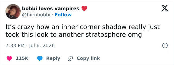 Screenshot of a tweet praising Zendaya's look, specifically noting an inner corner shadow detail.