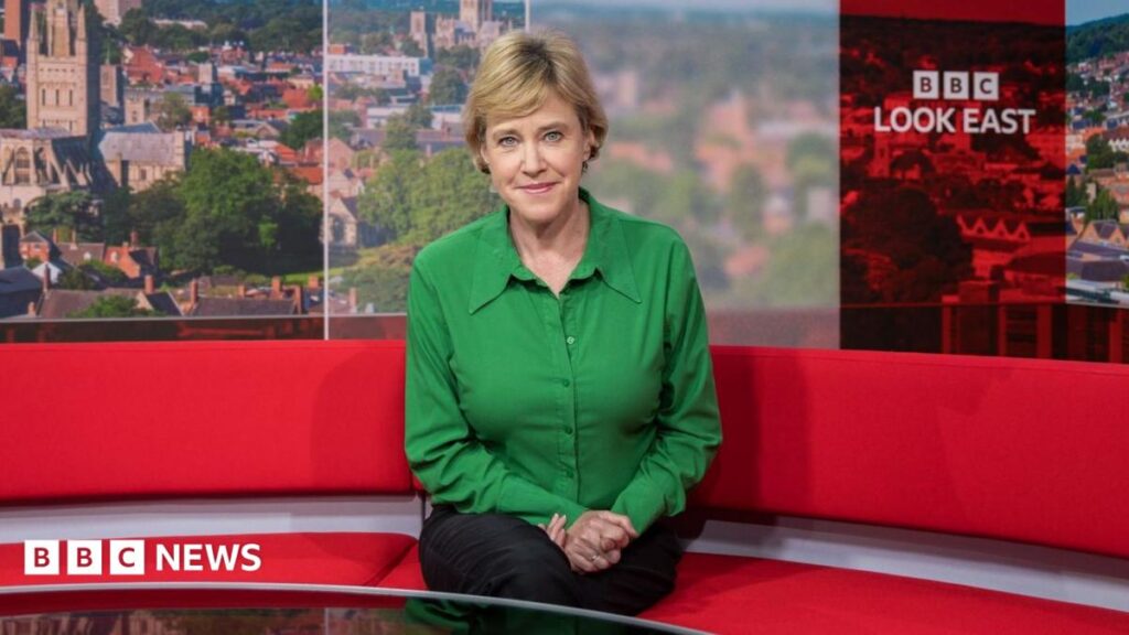 BBC Look East’s Susie Fowler-Watt to leave after 35 years Large waves crashing over a black and white striped lighthouse at the end of a pier.