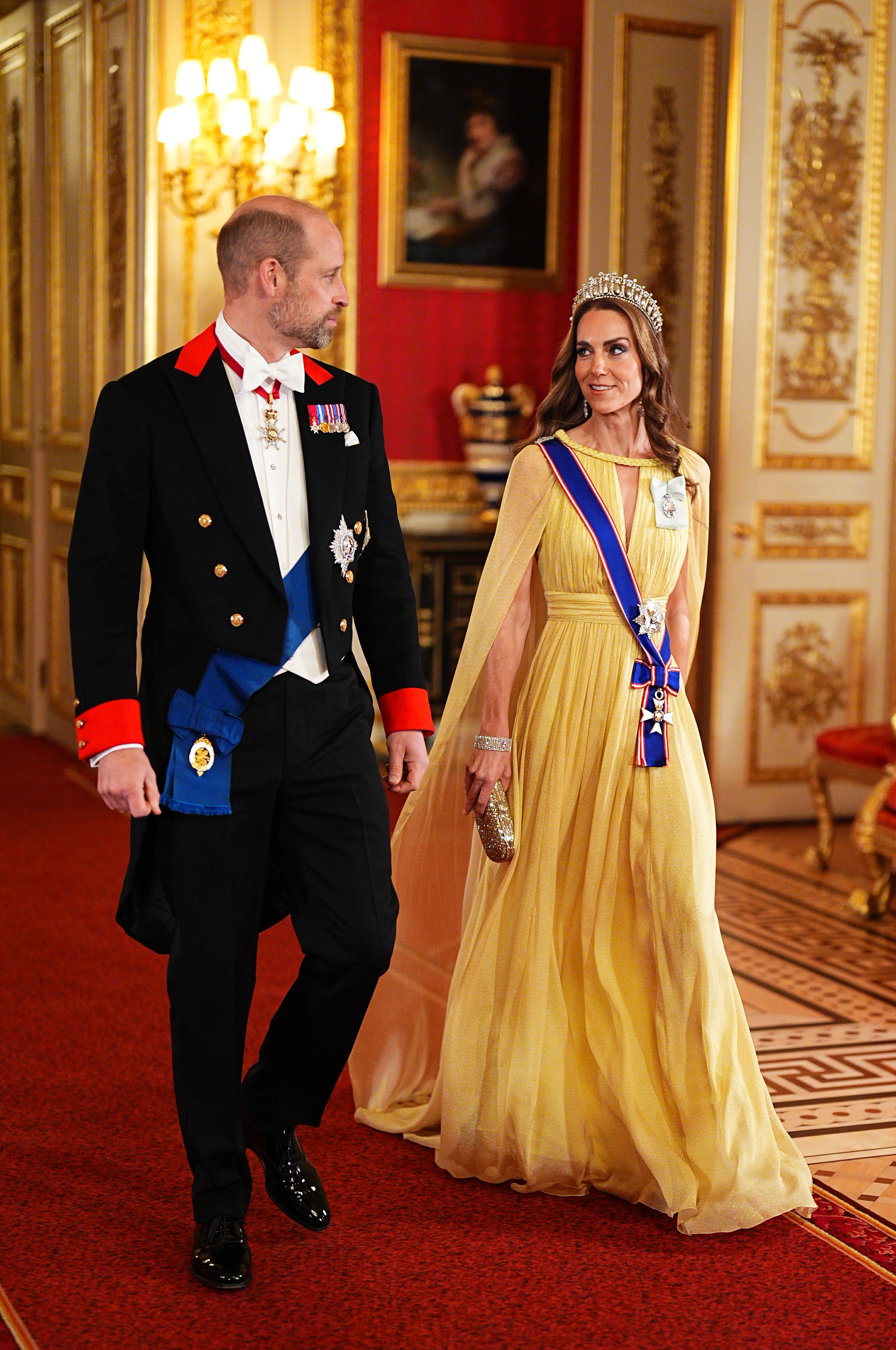 Britain's Prince William and Kate, Princess of Wales ahead of the state banquet for Sultan Haitham bin Tarik of Oma at Windsor Castle, on Tuesday